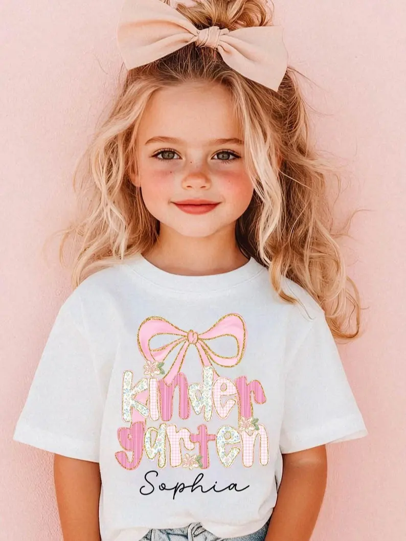 (Dm or Note) Custom Kid Name Kindergarten Shirt Printed Glitter Effect, Back to School Shirt for Kids, Preppy Coquette School Top, Custom Any Grade Shirt