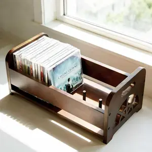 Solid Wood CD & DVD Storage Rack with Handles, Retro Dark Brown Organizer Stand for Home Office, Display Holder for Music Lovers