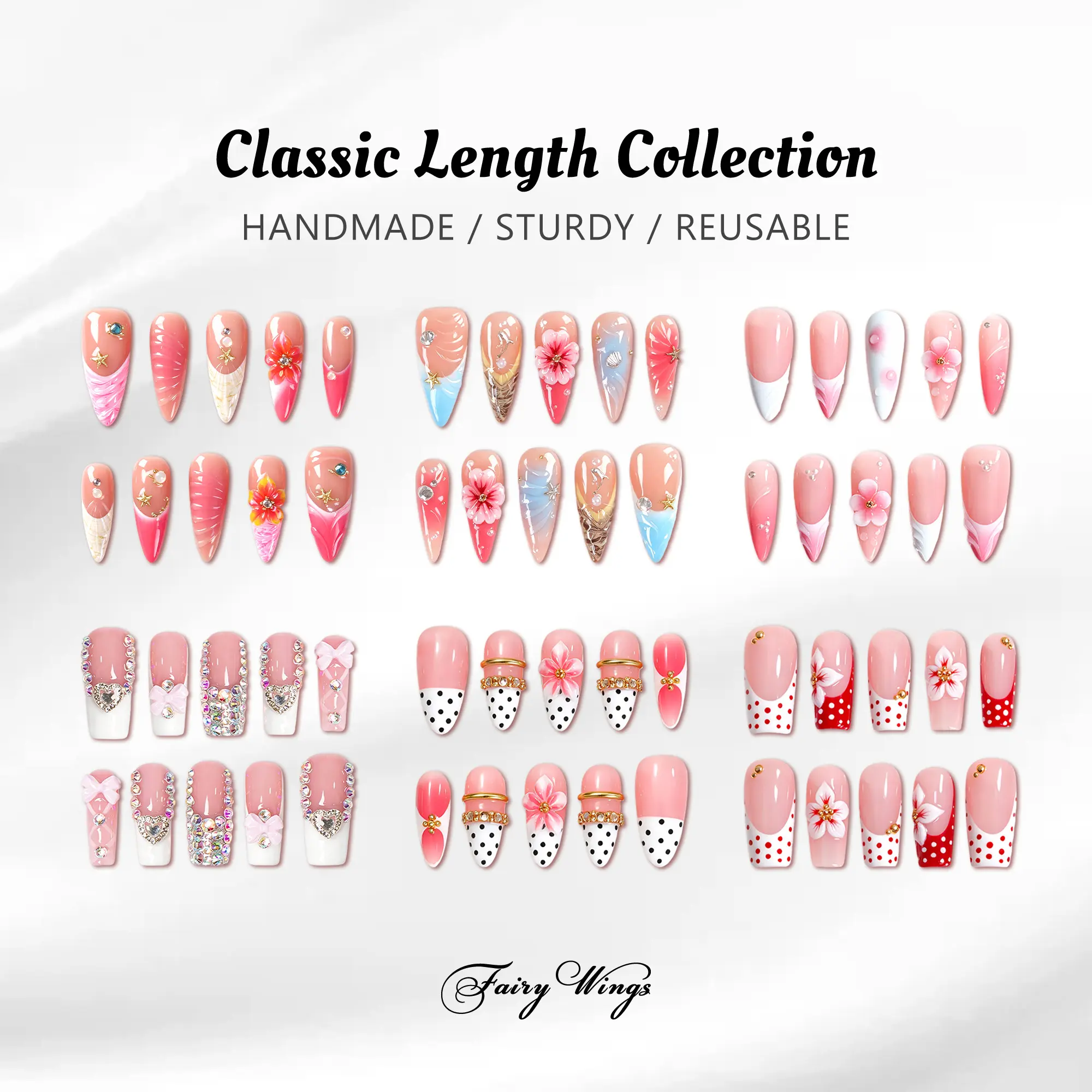 Fairy Wings | Classic Length Collection  Handmade Press On nails | 10PCS Reusable | Salon Quality | 3D Flower |  classic length