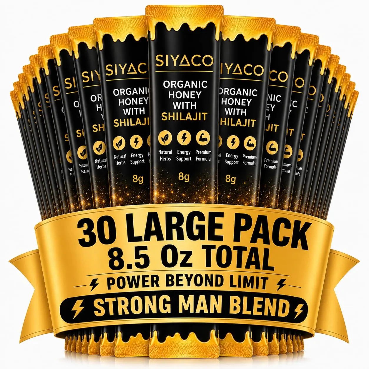 Alpha Strength Honey Packets – 30 Large Sachets | Organic Honey with Shilajit, Royal Jelly, Bee Pollen & Herbal Blend | Daily Energy & Performance Support | Golden Wonderful Vip Honey