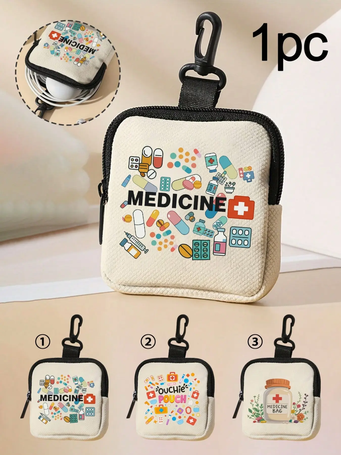 Multifunctional Medicine Bag Coin Purse, Durable Polyester Material, Safety Zipper Pocket, Climbing Buckle, Ideal for Healthcare Students Travelers, Travel Storage