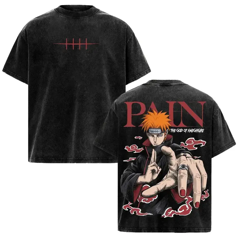 Vintage Washed Pain Nagato Graphic Tee | Akatsuki Heavyweight Cotton Oversized Shirt | Dark Anime Streetwear Men's Gift