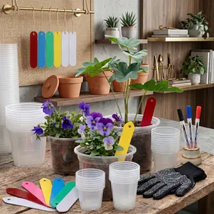 Clear Nursery Pots for Plants, Durable Transparent Seed Starting Pots with Drainage, Garden Starter Kit Includes Plant Tags, Markers and Grip Gloves, Flexible Indoor/Outdoor Planters for Root Observation