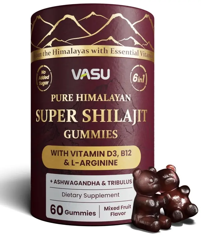 Vasu 6 in 1 Pure Himalayan Gold Shilajit Gummies for Men & Women with Vitamin D3 & B12, L-Arginine, Ashwagandha & Tribulus - Sugar Free Shilajit Resin - 60 Counts for Energy Support - Lab Tested