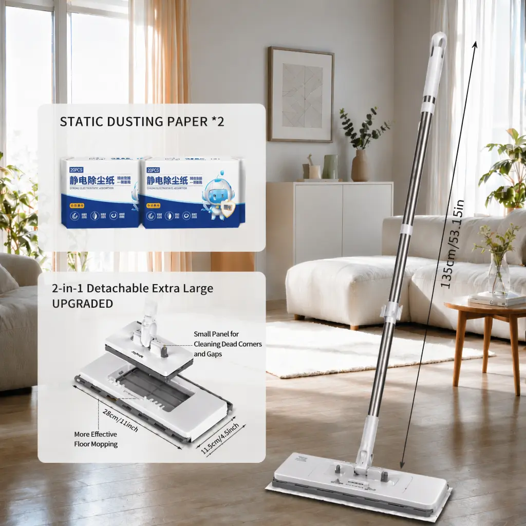 Hands Free Flat Mop with Mini Sweeper Mop,2-in-1 Disposable Dust Mop with 53" Long Handle,Microfiber Mops for Floor Cleaning,No-Touch, Multi Surface Floor Cleaning，Disposable Swiffer Pad Compatible