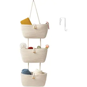 Over the Door Baskets with Button Strap, 3-Tier Woven Cotton Organizer Bag, Wall-Mounted with Hook Decorative Baskets - White