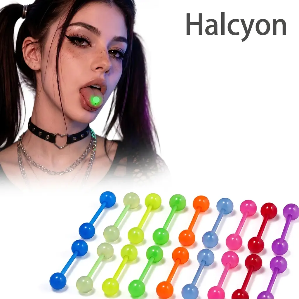 Halcyon 30Pcs Glow-in-the-Dark Tongue Rings - Y2K Retro Grunge Women's Body Piercing Jewelry Set, Random Color Edgy Accessory for Party, Halloween Gift