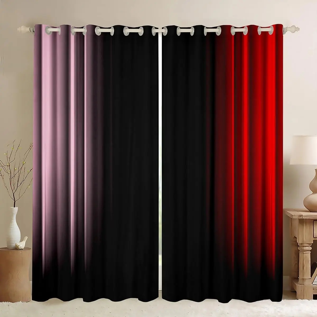 Feelyou Ombre Abstract Geometric Modern Velvet Curtains - 2 Panels Multi-Size Privacy Grommet Drapes, All-Over Print Beautiful Patterns Pink Red Black for Teens' Bedroom Interior Decoration Accessories, All-Over Print Curtains, Beautiful Patterns Curtains