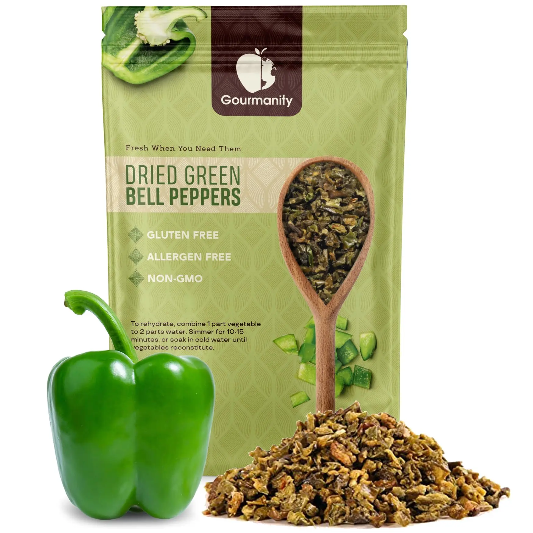 Gourmanity Dried Green Bell Peppers Diced for Ramen Soups Stir-Frys Stews All Natural Resealable Bag 4 oz Vegetable