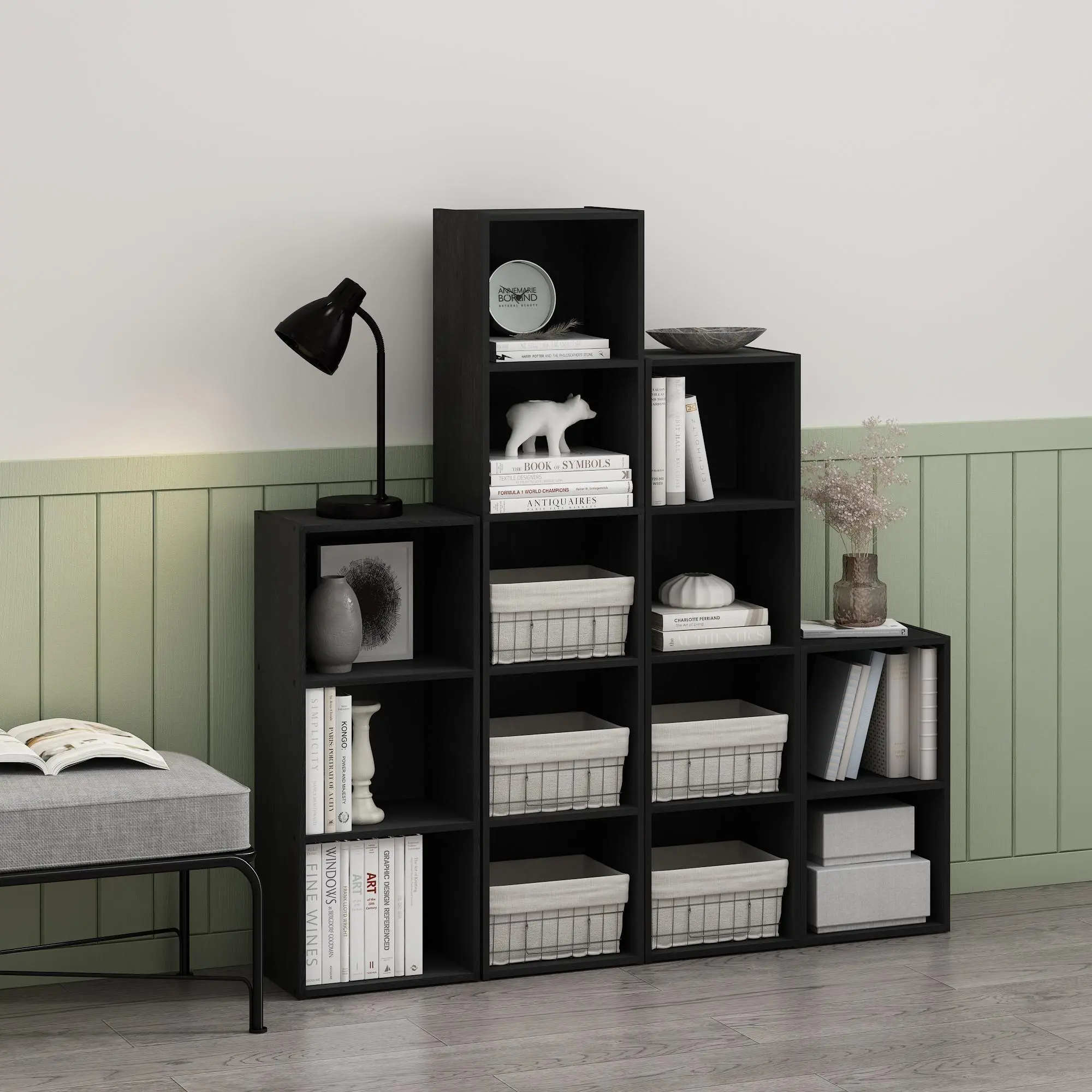 4-Tier Contemporary Blackwood Open Shelves, 9x12x42 in Composite Wood Indoor Furniture with Flat Surface, Office Study Setup for Living Room & Home Office