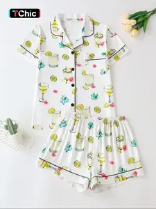 Women's Lemon Drink Print Short Sleeve Pajama Set, Button Front Chest Pocket Design Lapel Neck Top & Elastic Waist Shorts PJ Set, Ladies Sleepwear