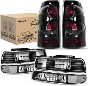 Nilight Headlight and Taillight Assembly Combo Compatible with 1999 2000 2001 2002 Chevy Silverado 1500 2500 2001 2002 Chevy Silverado 1500HD 2500HD 3500 OE Style Black Housing Clear Reflector Smoke