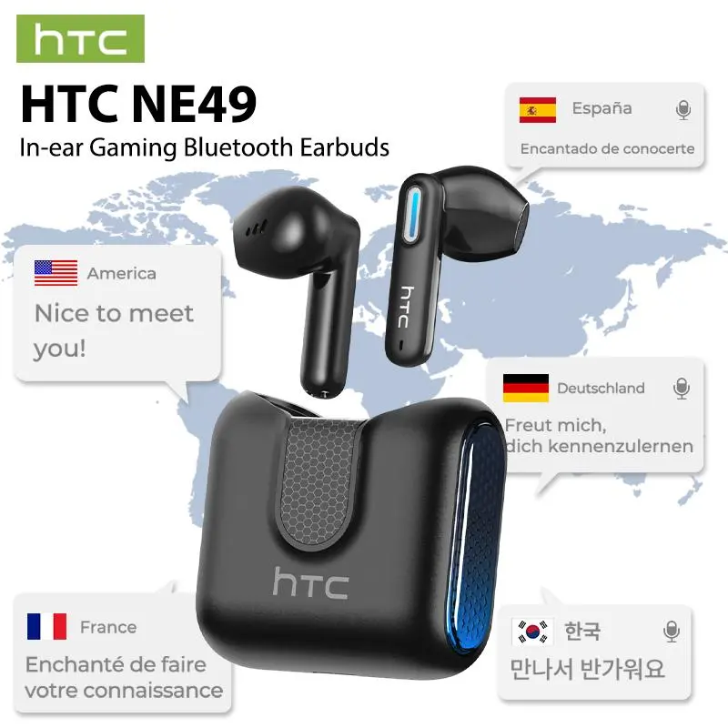 HTC NE49 TWS Wireless Earbuds - Bluetooth 6.0 Gaming Headsets with Hifi Detail Sound, IPX5 Waterproof, Built-in Microphone, Remote Control, Ideal for Sports, Gaming Stuff, Mens Gifts