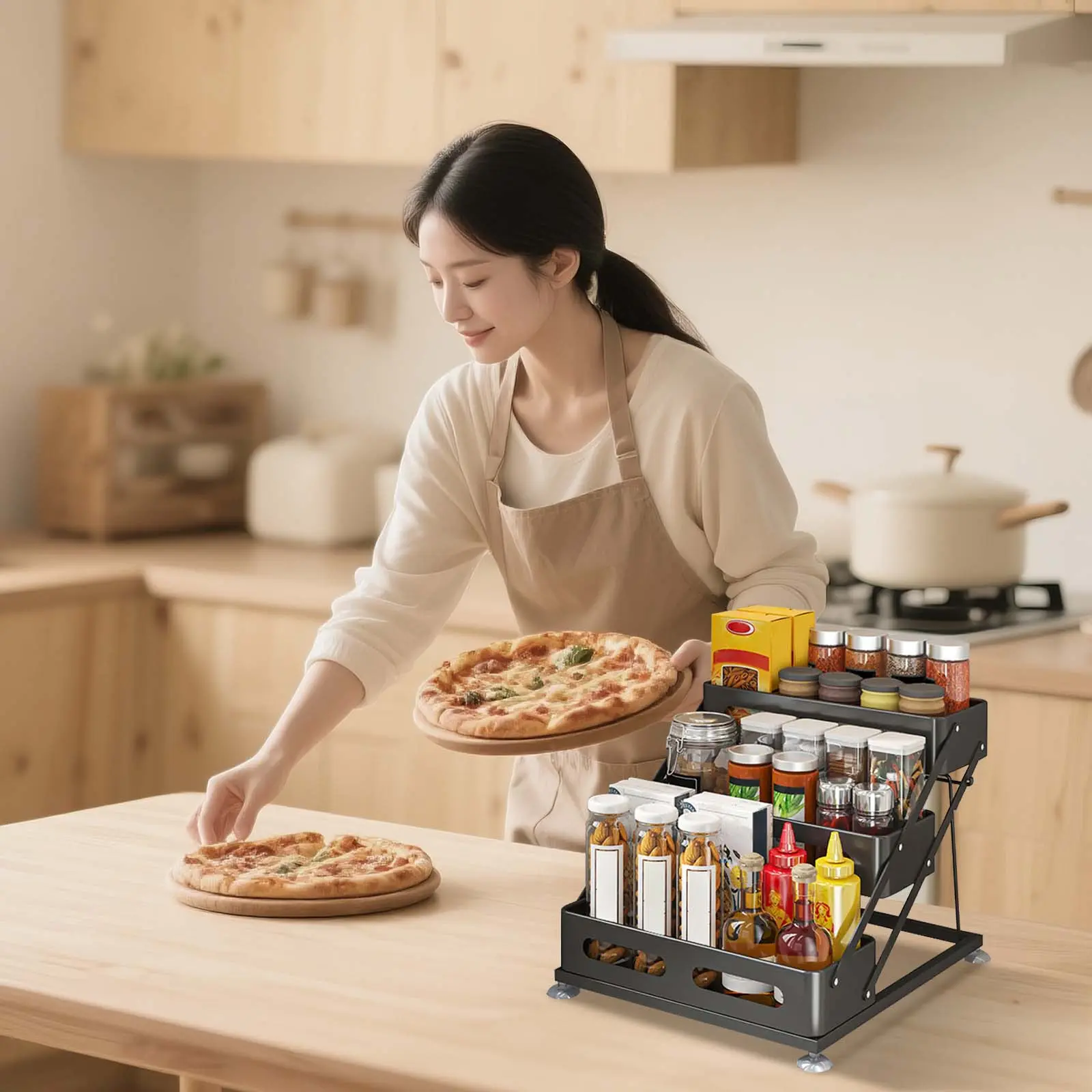 Garvee 3-Tier Stackable Spice Rack Organizer, Adjustable Height Collapsible Carbon Steel Tiered Shelf with Non-Slip Feet/Suction Cups for Cabinet/Countertop/Pantry, Frosted Black