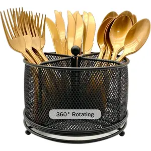 360 °   Rotating Metal Utensil Caddy - 4 Compartment Silverware Cutlery Holder Rotation Fork Spoon Napkin Organizer Flatware Storage Basket Party Countertop Buffet Picnic Camping Outdoor Black