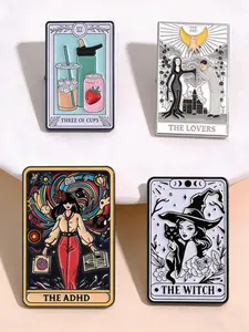 4Pcs Dark Mystical Witch Tarot Pin Set, Multiple Tarot Card Styles & Witch Symbol Designs, Unisex Design, Daily Wear, Friend Gift, Witch Theme, Witch Accessories