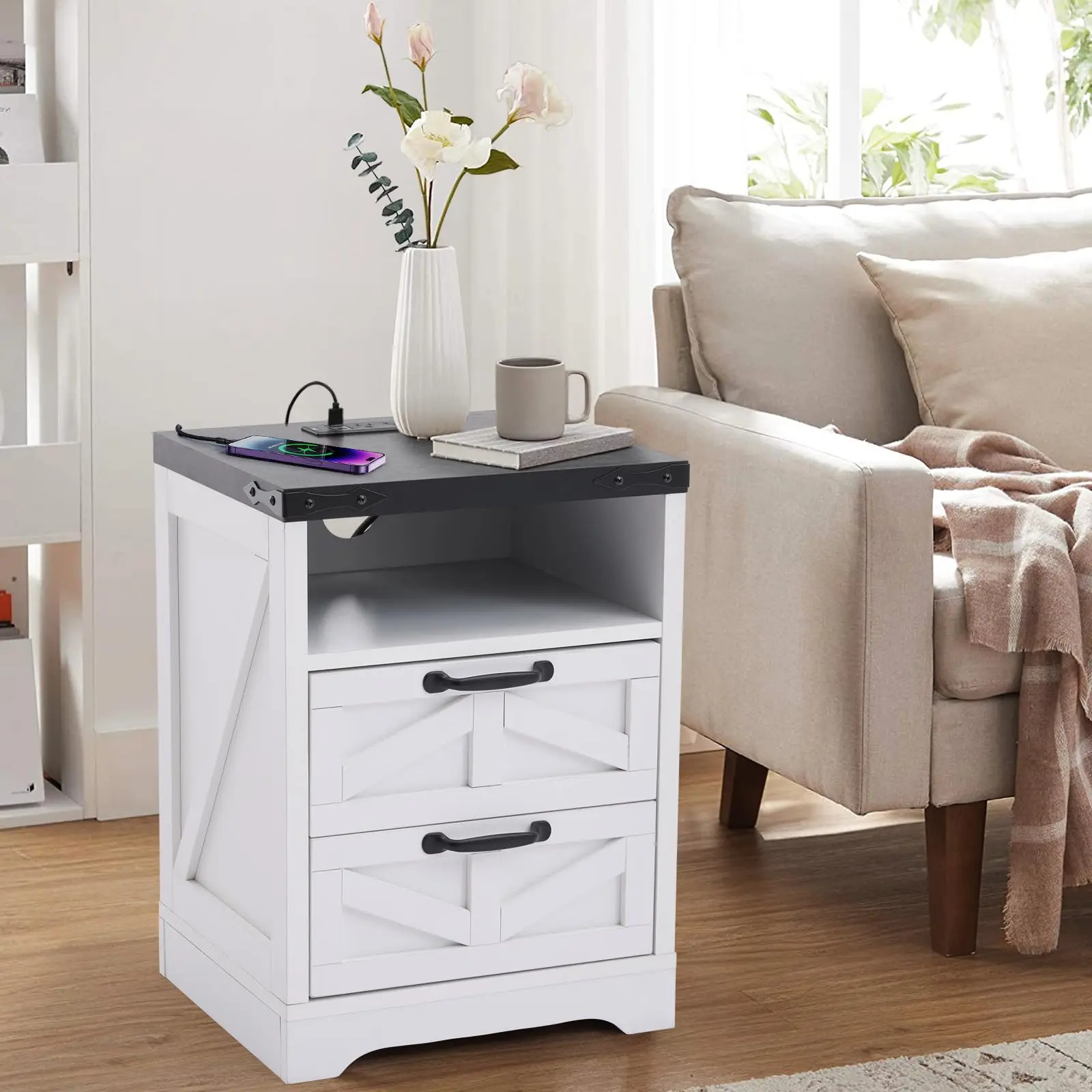 Modern Farmhouse Wood Composite Nightstand with 2 Drawers, USB & AC Charging Ports, Solid Frame, Cream White for Bedroom & Living Room