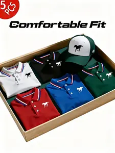 Men's Polo Shirt Set, Casual Fashion Home Wear, Solid Color Short Sleeve Horse Print, Contrast Collar, Breathable Daily/golf Shirts, Multiple Colors