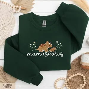 Mamasaurus Embroidered Sweatshirt, Funny Dinosaur Mom Crewneck, Cozy New Mom Gift, Mother’s Day Sweatshirt, Baby Shower Present, Mom Sweater