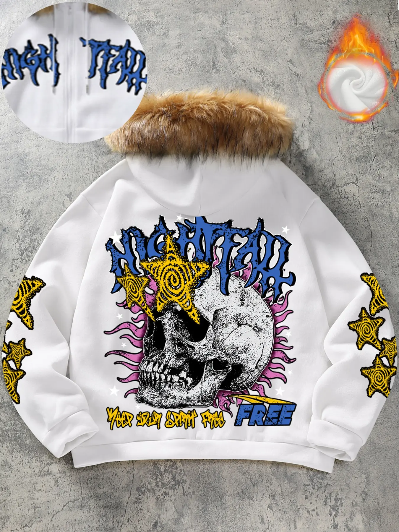 Y2K Cyberpunk Skull Graphic Full Zip Hoodie - Oversized Streetwear Jacket with Luxury Faux Fur Trim Hood & Spiral Stars - Aesthetic Grunge Winter Apparel Casual Comfy Streetwear Looks for Men & Women Hoodies Streetwear