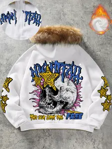 Y2K Cyberpunk Skull Graphic Full Zip Hoodie - Oversized Streetwear Jacket with Luxury Faux Fur Trim Hood & Spiral Stars - Aesthetic Grunge Winter Apparel Casual Comfy Streetwear Looks for Men & Women