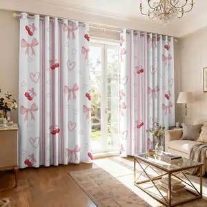 2-piece pink stripe cherry curtain girl's heart bow love print semi-blackout curtains kitchen restaurant decorative blackout curtains filter translucent curtains Privacy Grommet Curtains Window Curtain