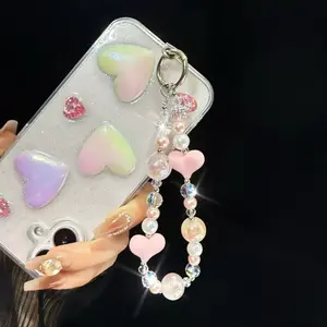 Pearl Crystal Mobile Phone Chain Double Chain Keychain Personalized Fashion Multiple Colors for Iphone huawei samsung