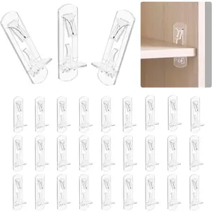 30PCS Clear Plastic Self-Locking Shelf Support Pegs 6.9mm Cabinet Shelf Clips for 3/4" Thick Wood Shelving, Kitchen Cabinets, Bookshelves and Storage Organizers