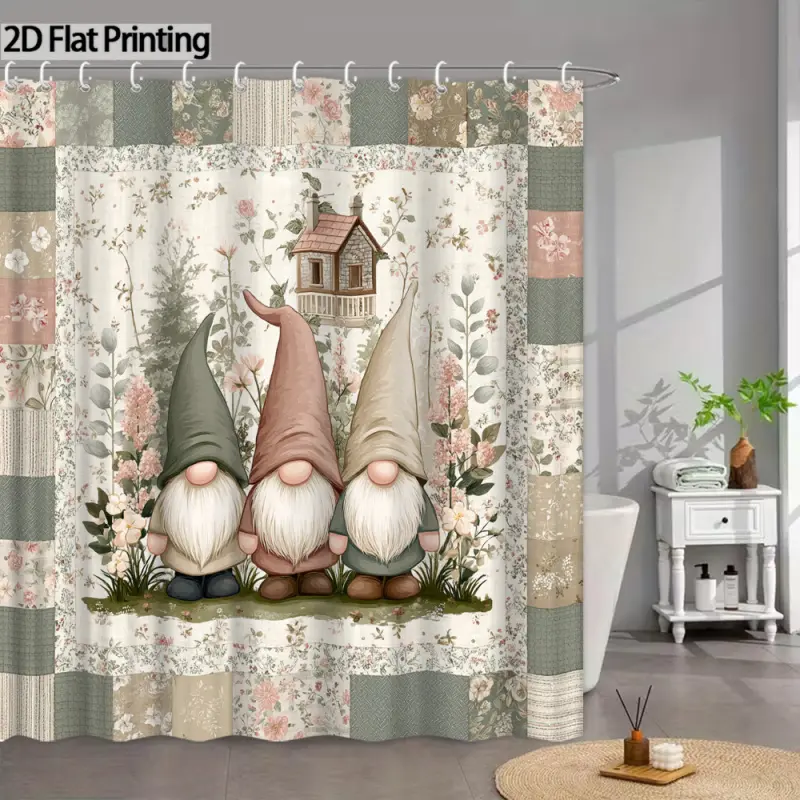 Gnome Shower Curtain - Vintage Farmhouse Cottage Bathroom Curtain Suitable for Bath Tub, Floral Patchwork Design with 3 Gnomes, Machine Washable, Hooks Included for or Country Home Decor, Bath Curtains Shower