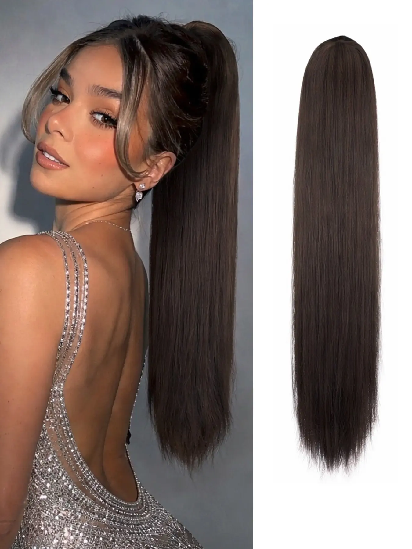 Claw Ponytail Extensions - Glueless Pre Style Long Straight Ponytails for Women Black Brown Synthetic Fiber Hairpieces Synthetic Hair Pony Tails Extension Clip in Lightweight Volume Hairpiece(20INCH)