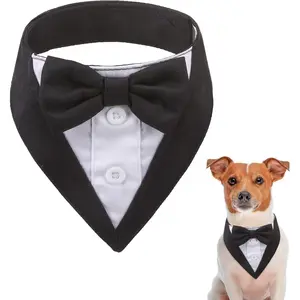 Tuxedo Bandana, Formal Wedding Outfit with Bowtie,  Christmas Costume for Small Medium Dogs Cats, Fall Scarf Bib Thanksgiving Handkerchief Adjustable Pet  Tux Clothes XS
