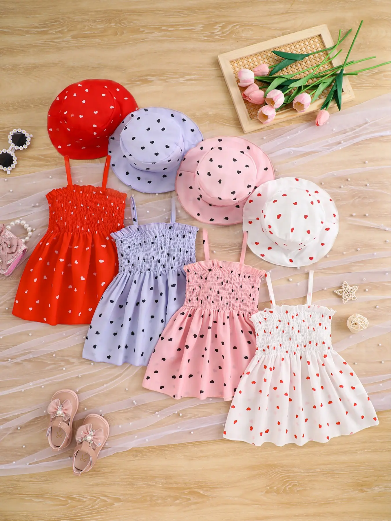 8-Piece Baby Girl Casual Heart Print Dress Set for Summer, Soft Comfortable Woven Fabric, Perfect for Holidays, Birthdays and Outdoor Picnics, Toddler Summer Dresses, Toddler Outfit