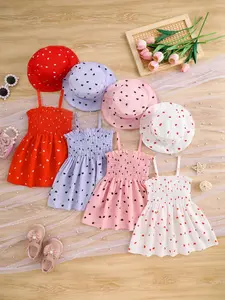 8-Piece Baby Girl Casual Heart Print Dress Set, Soft Comfortable Woven Fabric, Perfect for Holidays Birthdays Outdoor Picnics