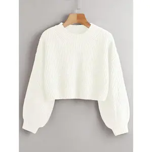 Solid Drop Shoulder Cropped Sweater, Long Sleeve Knit Pullover for Autumn/Winter Outfits