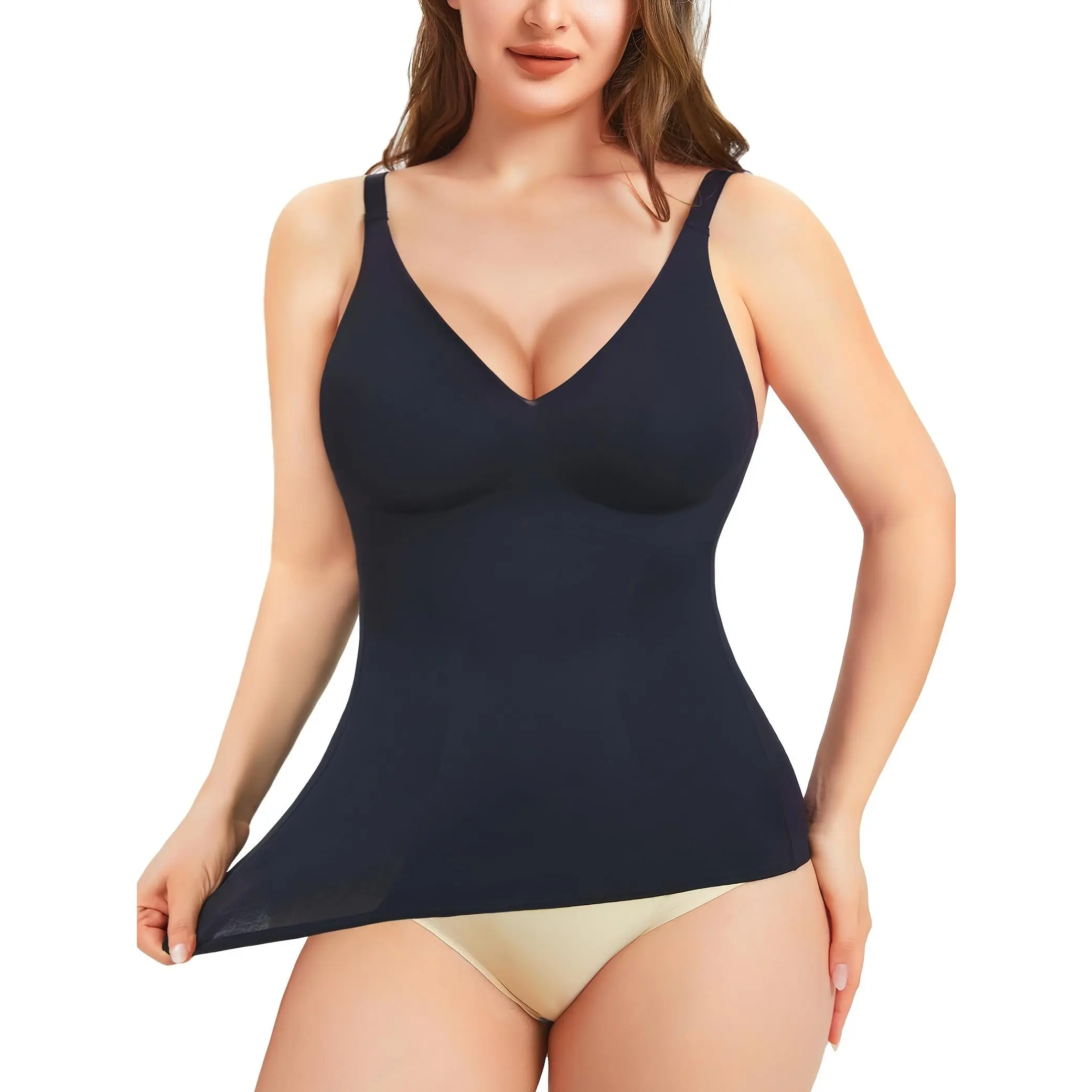 (New) Women's Sleeveless Nylon Compression Tank Top, Belly Support Tummy Control Seamless Shapewear, Padded V-Neck Cami with Bra Pads for Gym Workout, Tank Tops, Cami Tops