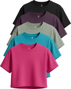 Real Essentials 5 Pack: Women's Dry-Fit Breeze Tech Crop Tops – Short Sleeve Athletic Workout, Yoga Tees (Available in Plus)