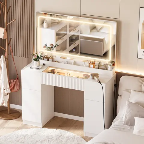 InnoD 44" Width Sturdy Traditional Glam Makeup Dresser - Vanity with Mirror, Glass Top, RGB Lighting, Fluted Panel Storage Drawer, Cabinet, 3 Light Modes, Power Outlet, App/Remote Control, Full-Length Lit for Bedroom