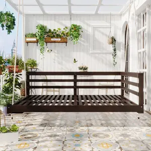 Country Patio Wooden Twin Size Swing Daybed Porch Swing Frame with 4pcs 96-inch Hemp Ropes for Backyard, Garden, Brown