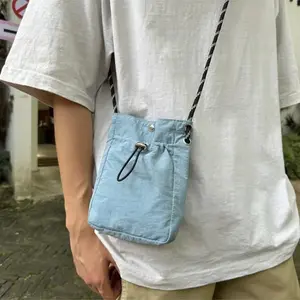 Korean Mini Nylon Shoulder Bag for Men Women Chic Crossbody Bucket Bag Casual Small Handbag Drawstring Buckle Purse Phone Pouch