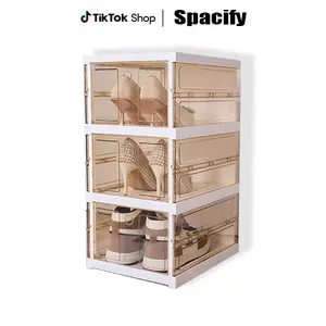 SPACIFY HOME 3 & 9 Tier Clear Shoe Storage Organizer, Foldable Stackable Shoe Cabinet with Magnetic Doors, Heavy-Duty Plastic Vertical Shoe Rack with Tall Section for Boots, Easy Assembly Closet Shoe Organizer