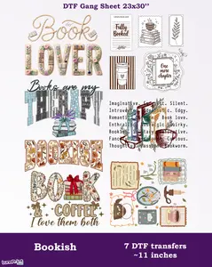 Book Lovers DTF Gang Sheet 7 Bookish Ready To Press Transfers 23x30. Same/Next Day Shipping