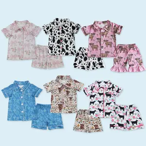 Western highland cow kids girls short sleeve pajama set