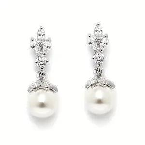 Female Delicate Leaf Shiny Inlay Drop Earrings with Smooth Round Bead Pendant, Minimalist Ear Accessory for Evening Party, Ideal Birthday Gift