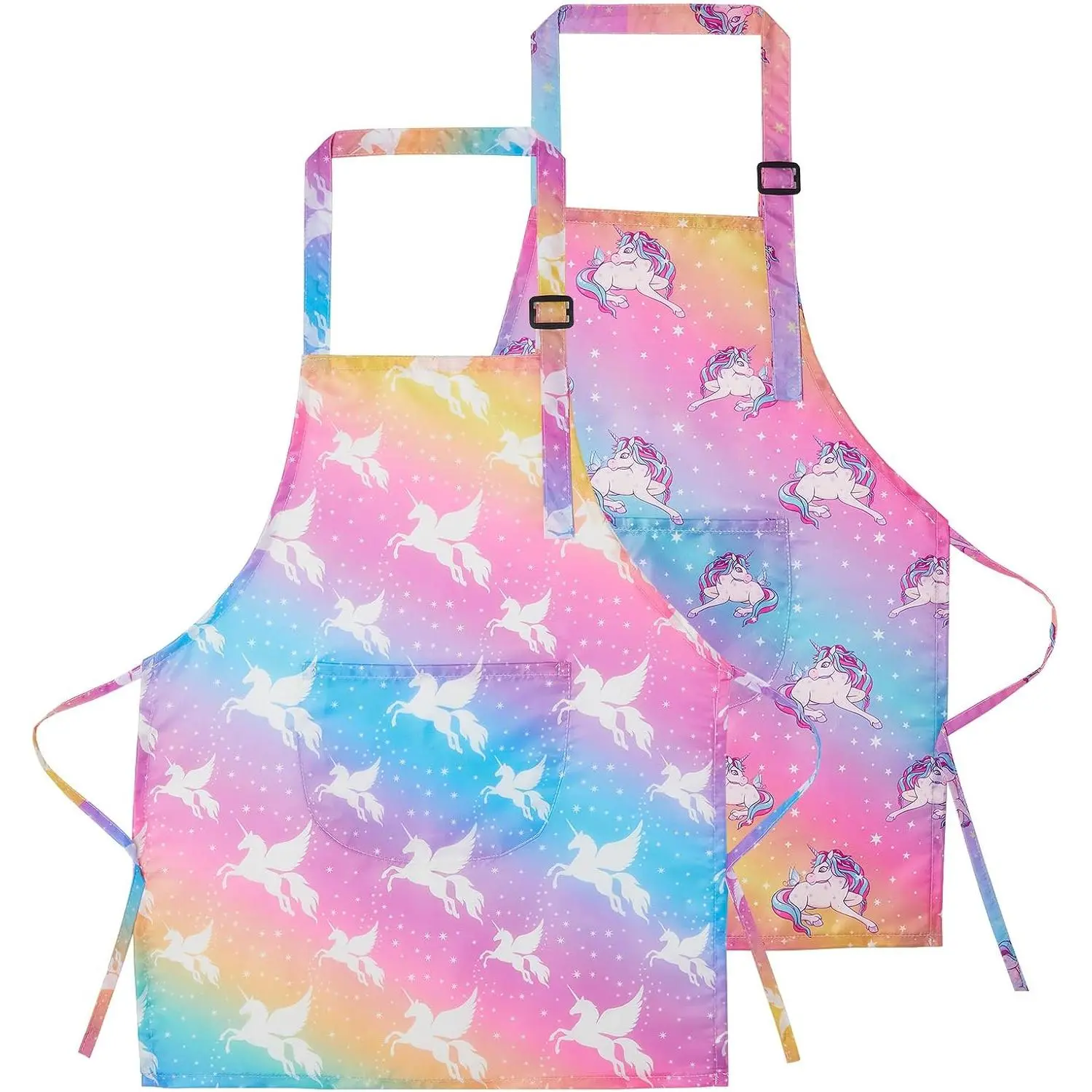 X-GCS07 Unisex Kids' Waterproof Easy-to-Clean Apron with Pockets - 2 Pack, Adjustable Fit, All Seasons, Ages 4-12, Rainbow Unicorn Design for Cooking, Painting, Kitchen, Non-Toxic