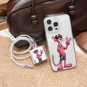 5 Piece Set Transparent Creative Leopard Phone Case, Charger Head Cover, Cable Protector, Storage Rope, Anti-Drop Tpu Case for iPhone