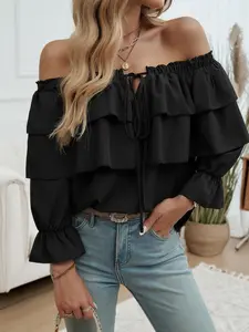 Spring Fall Fashion Women's Elegant Loose Ruched One Shoulder Lantern Sleeve Blouse Top, Long Sleeve Plain Design, All Seasons Wear