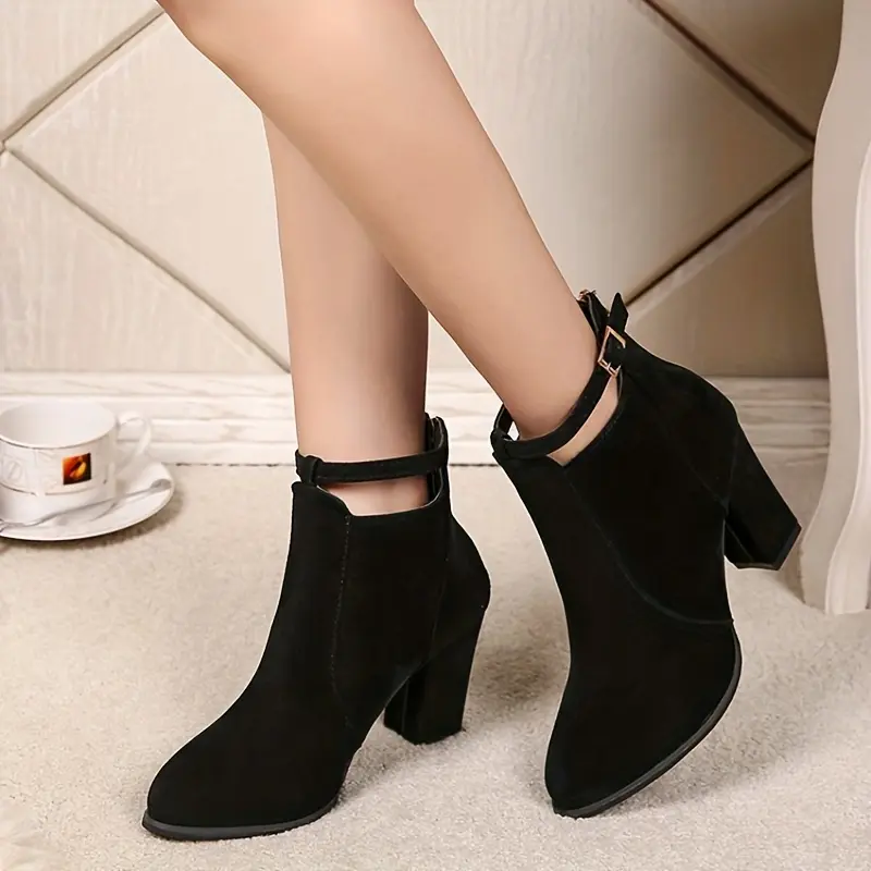 Womens Ankle Buckle Strap Boots Chunky Heel Pointed Toe Mid Heel Shoes Fashion Comfy Booties