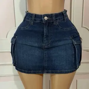 Medium Denim Cargo Skirt with Pockets and Button Closure for Women