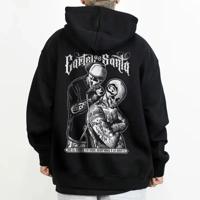 Graphic-Hoodie – Cartel Santa Chicano Clothing, Gangster Clothes, Men’s Streetwear Hoodie, Graphic Tee, Urban Fashion Top for Men, Mexican Culture Apparel, Lowrider Style, Trendy Casual Graphic Sweatshirt