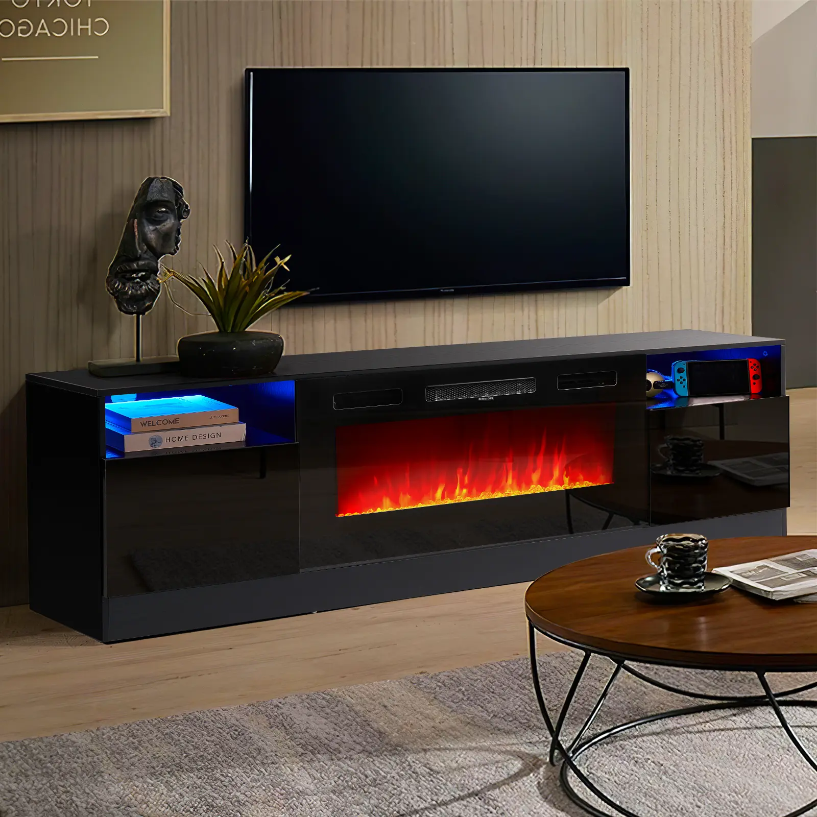 oneinmil 70in TV Stand with 36in Electric Fireplace - Large Modern Media Entertainment Center, Storage Cabinet, 12-Color LED Lights for TVs Up to 80in, Light Up Your Space